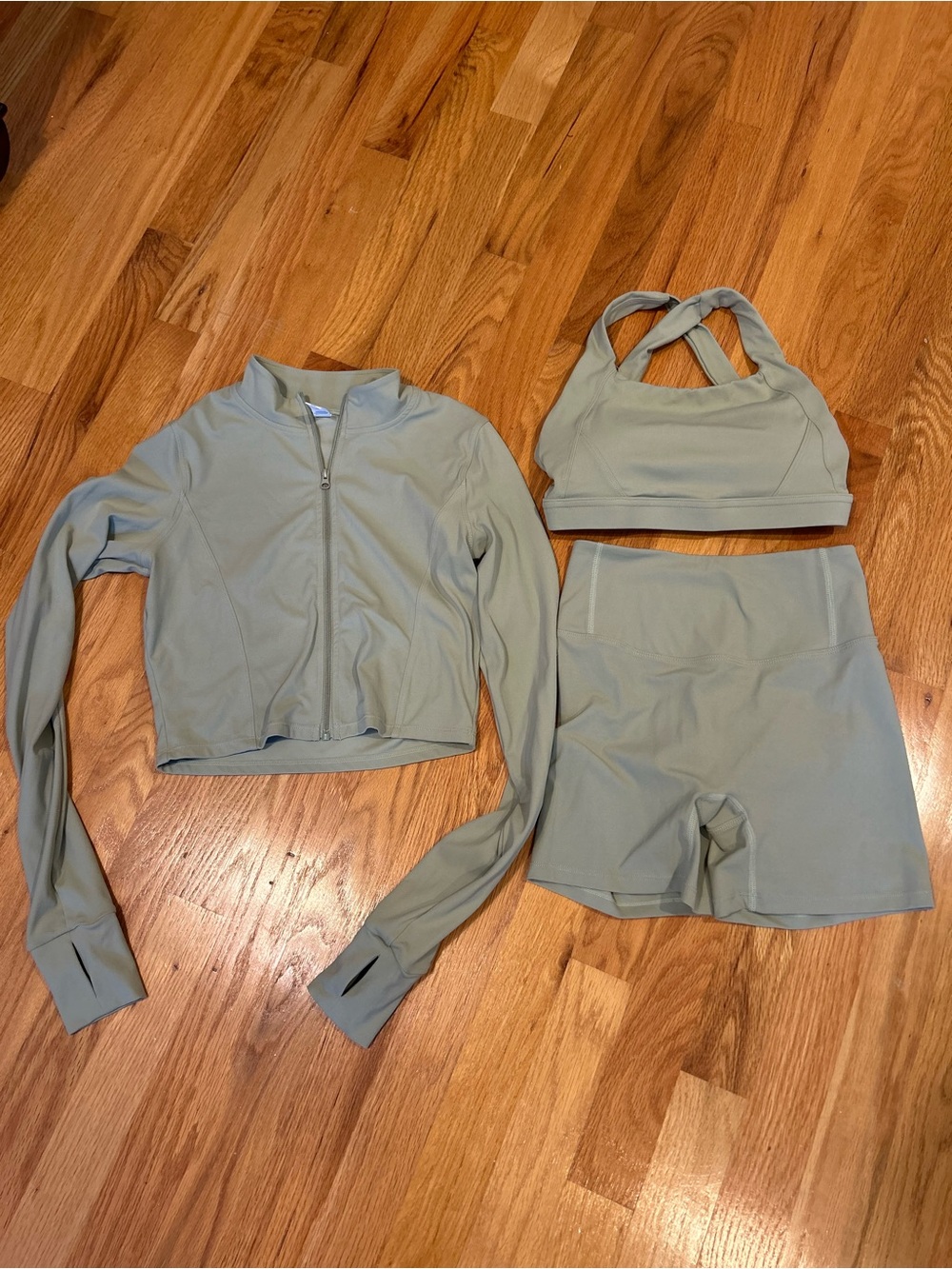 3-Piece Active Set in Sage Green - Zip Jacket, Sports Bra, High-Waist Short NWOT